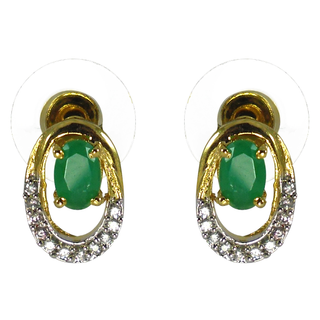 Gold Plated Ear Studs Simulated Emerald Cz Stone Ethnic Designs Jewellery