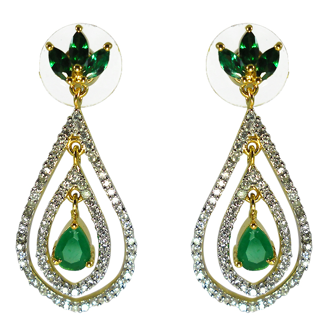 Dangle Earrings With Simulated Emerald Color Stone Cz Ethnic Style Jewellery