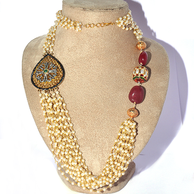GOLD PLATED ROUND BEADS SIMULATED RUBY PEARL NECKLACE