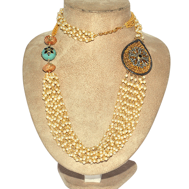 GOLD PLATED DESIGNER NECKLACE WITH SIMULTED PEARL