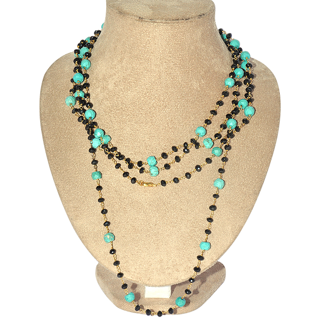GOLD PLATED DESIGNER NECKLACE WITH SIMULTED BLACK SPINAL ,TURQUOISE GEM STONE