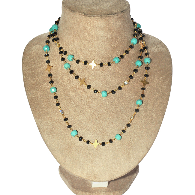 Gold Plated Necklace Simulated Turquoise Black Onyx Beads