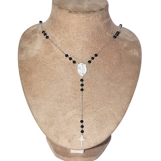 Necklace Cross Pendant Style Black Onyx Beads Simulated Stone